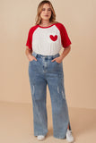 HY7958W Red Plus Heart Patch Pocket Raglan French Terry Knit T Shirt Full Body