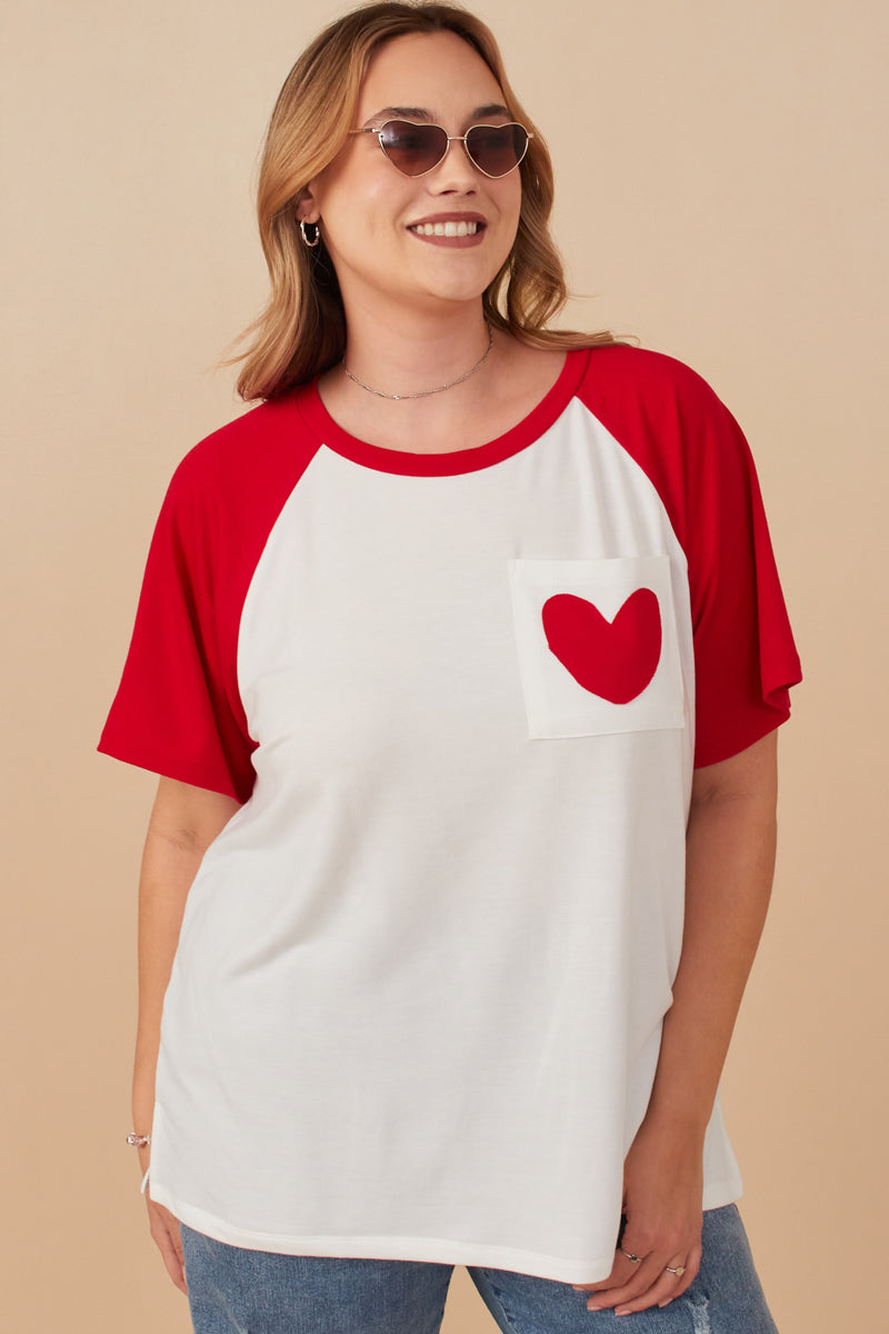 HY7958W Red Plus Heart Patch Pocket Raglan French Terry Knit T Shirt Front