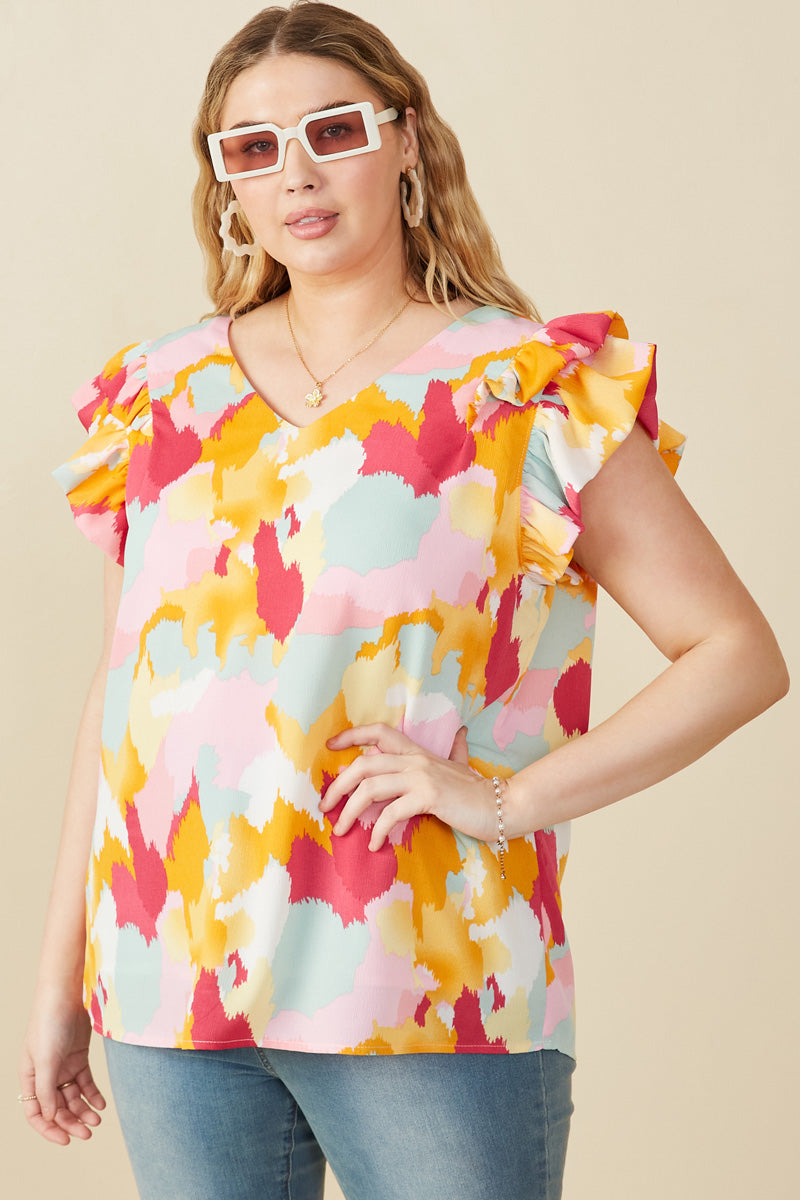 Abstract Print Ruffle On Ruffle V Neck Tank