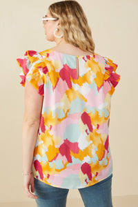 HY7961W Pink Mix Plus Abstract Print Ruffle On Ruffle V Neck Tank Side