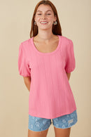 HY7969W Pink Plus Cable Knit Textured Scoop Neck Knit Top Front