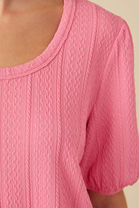 HY7969 Pink Womens Cable Knit Textured Scoop Neck Knit Top Full Body