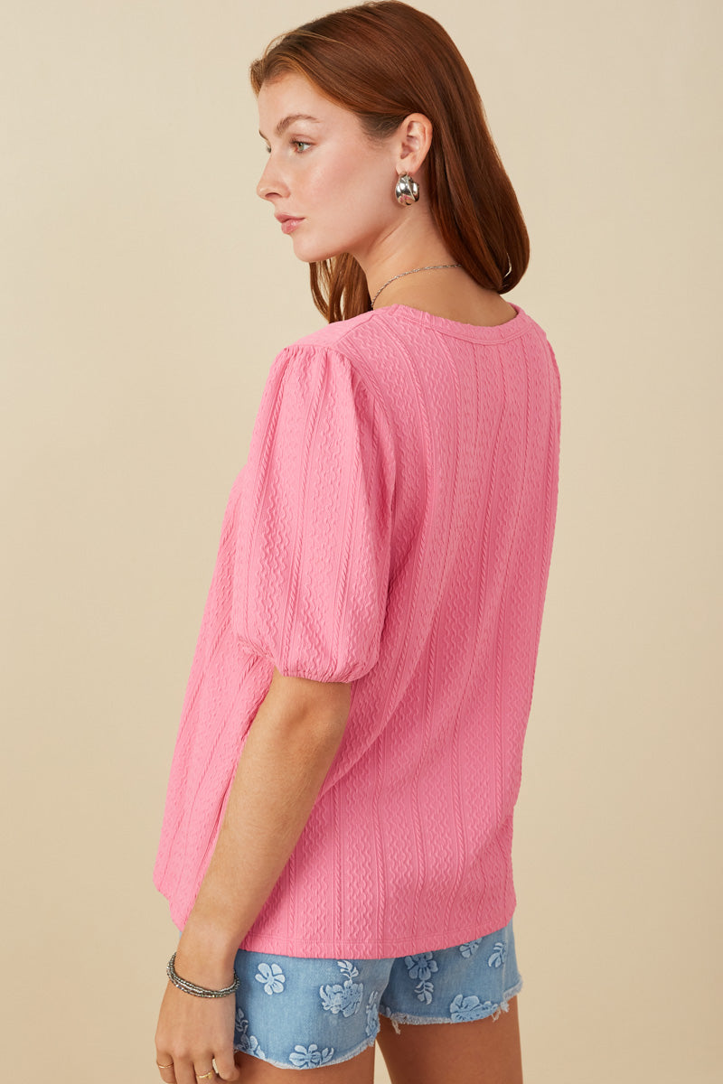 HY7969 Pink Womens Cable Knit Textured Scoop Neck Knit Top Detail