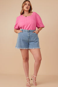 HY7969 Pink Womens Cable Knit Textured Scoop Neck Knit Top Front 2