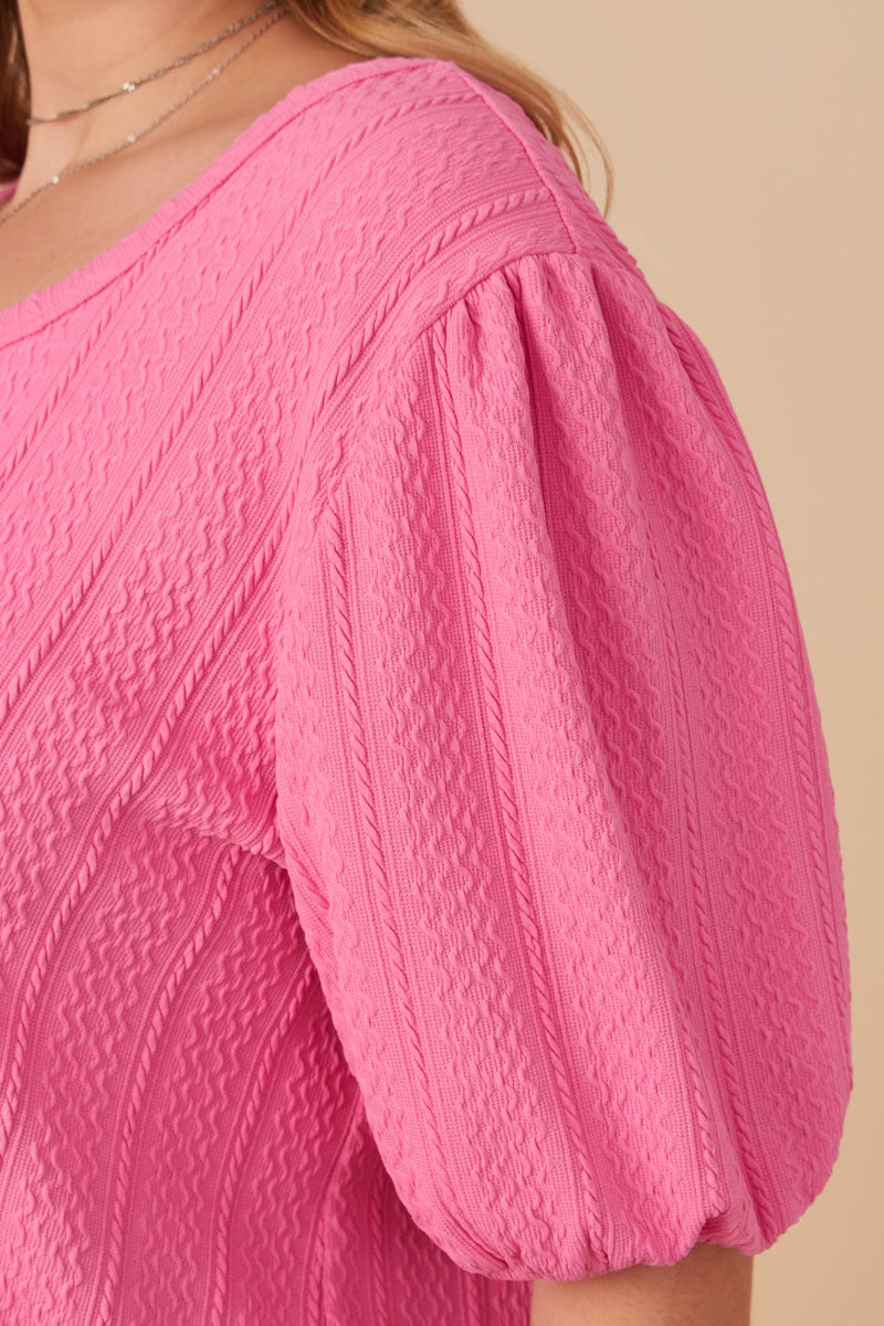 HY7969W Pink Plus Cable Knit Textured Scoop Neck Knit Top Gif