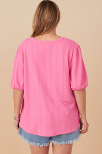 HY7969W Pink Plus Cable Knit Textured Scoop Neck Knit Top Full Body