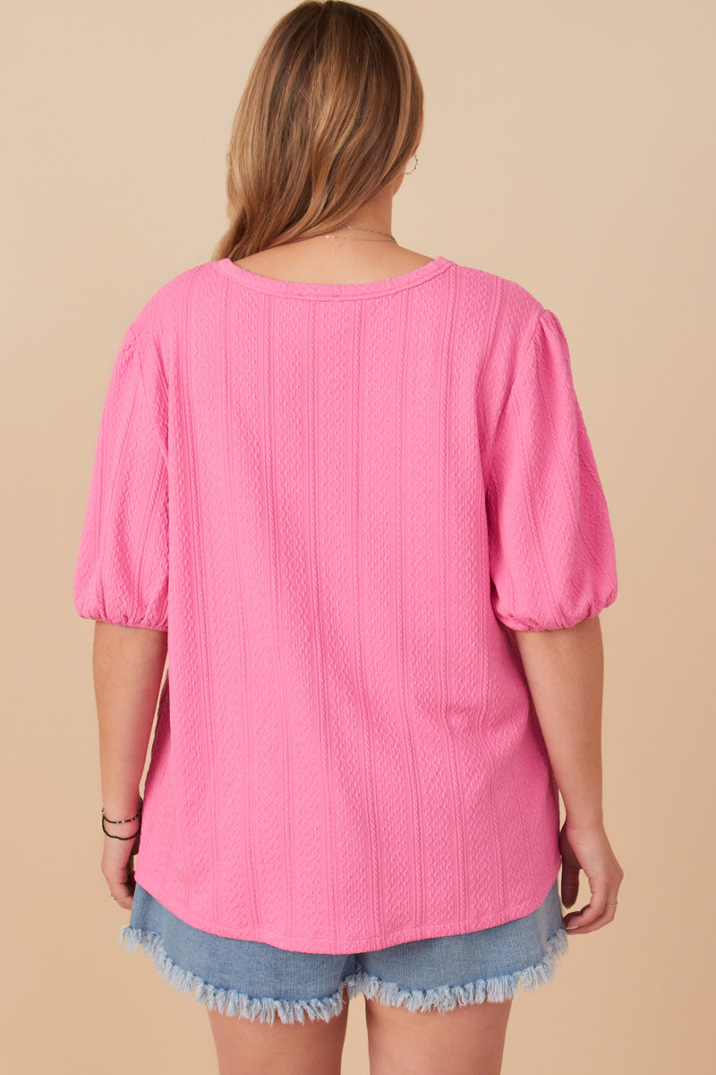 HY7969W Pink Plus Cable Knit Textured Scoop Neck Knit Top Full Body