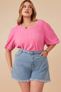 HY7969W Pink Plus Cable Knit Textured Scoop Neck Knit Top Detail