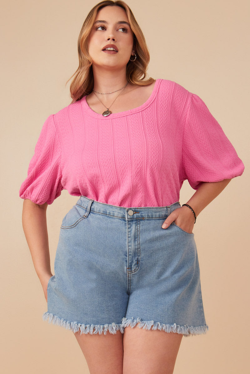 HY7969W Pink Plus Cable Knit Textured Scoop Neck Knit Top Detail