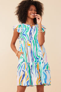 HY7976 Green Mix Womens Abstract Lines Button Detail Ruffle Sleeve Dress Pose