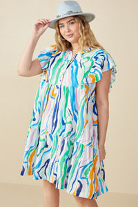 HY7976W Green Mix Plus Abstract Lines Button Detail Ruffle Sleeve Dress Front