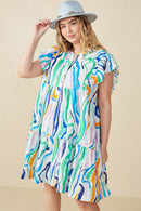 HY7976W Green Mix Plus Abstract Lines Button Detail Ruffle Sleeve Dress Front