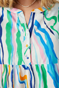 HY7976W Green Mix Plus Abstract Lines Button Detail Ruffle Sleeve Dress Gif