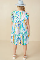 HY7976W Green Mix Plus Abstract Lines Button Detail Ruffle Sleeve Dress Detail 2