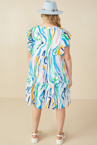 HY7976W Green Mix Plus Abstract Lines Button Detail Ruffle Sleeve Dress Detail 2