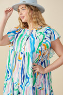 HY7976W Green Mix Plus Abstract Lines Button Detail Ruffle Sleeve Dress Back