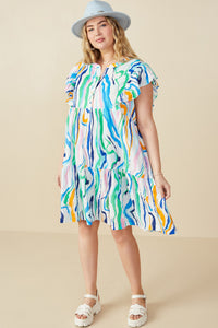 HY7976W Green Mix Plus Abstract Lines Button Detail Ruffle Sleeve Dress Pose