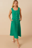 HY7982 Green Womens Button Down Textured Square Neck Tank Dress Full Body