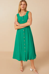 HY7982 Green Womens Button Down Textured Square Neck Tank Dress Gif