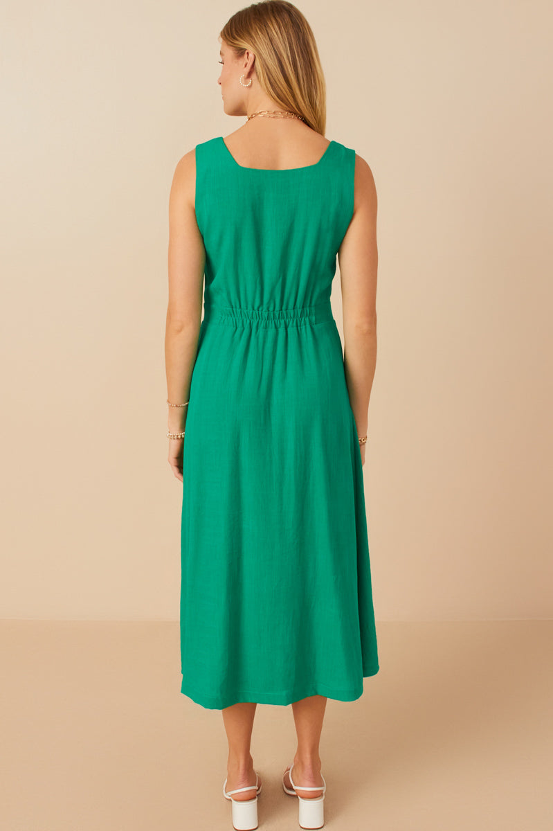 HY7982 Green Womens Button Down Textured Square Neck Tank Dress Detail
