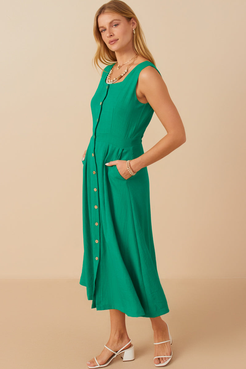 HY7982 Green Womens Button Down Textured Square Neck Tank Dress Back