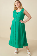 HY7982W Green Plus Button Down Textured Square Neck Tank Dress Full Body
