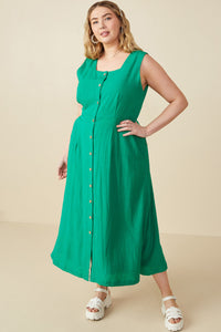 HY7982W Green Plus Button Down Textured Square Neck Tank Dress Full Body