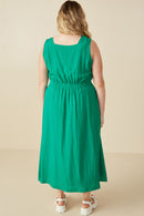 HY7982W Green Plus Button Down Textured Square Neck Tank Dress Front