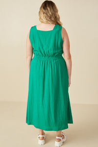 HY7982W Green Plus Button Down Textured Square Neck Tank Dress Front