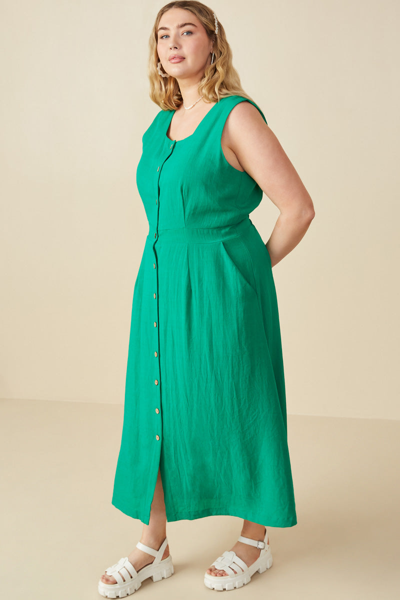 HY7982W Green Plus Button Down Textured Square Neck Tank Dress Detail