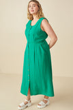 HY7982W Green Plus Button Down Textured Square Neck Tank Dress Detail