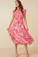 HY7988 Pink Womens Tropical Floral Smocked Ruffled Tank Dress Gif
