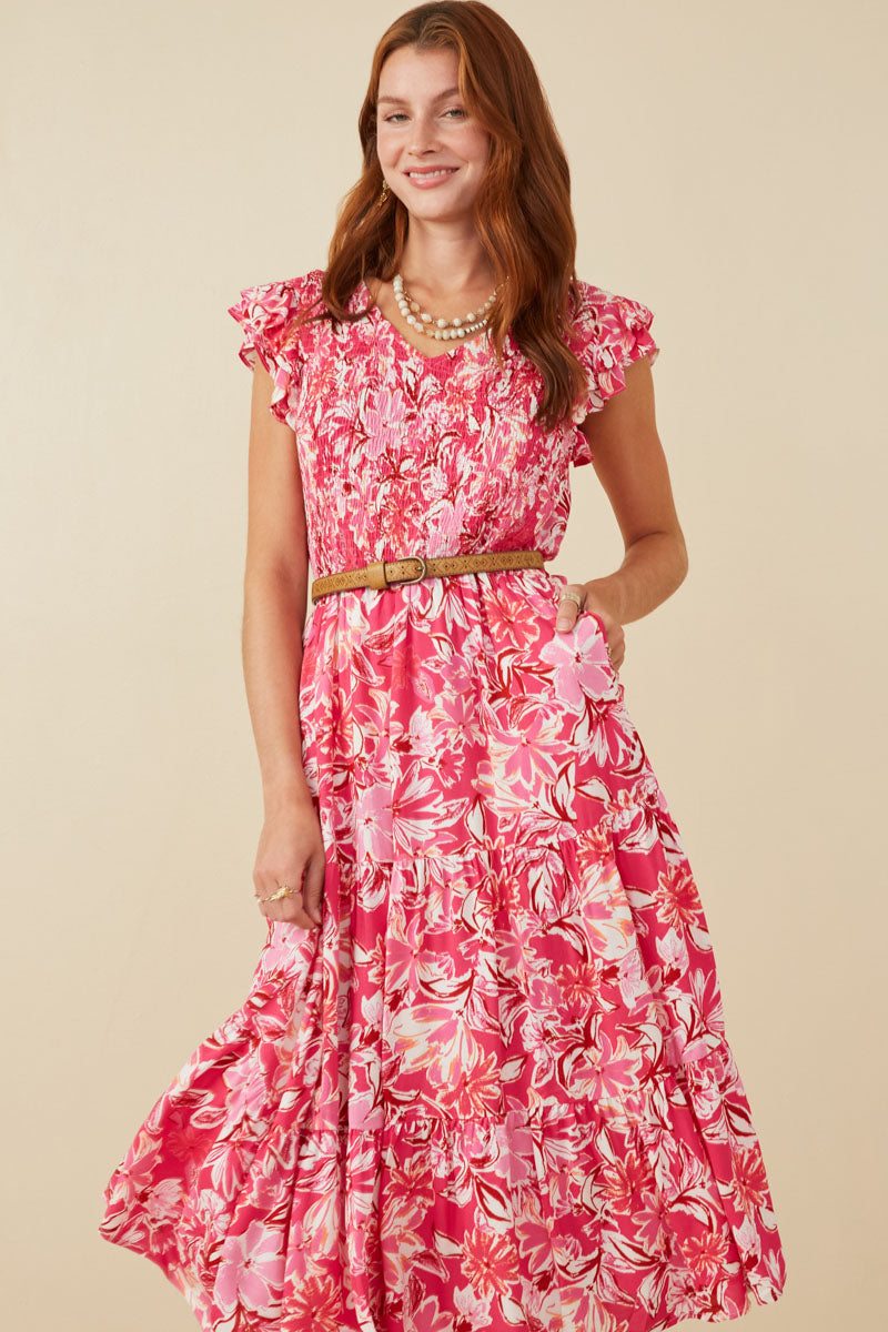 HY7988 Pink Womens Tropical Floral Smocked Ruffled Tank Dress Side