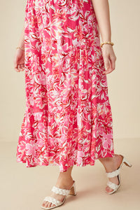 HY7988W Pink Plus Tropical Floral Smocked Ruffled Tank Dress Detail