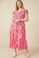 HY7988W Pink Plus Tropical Floral Smocked Ruffled Tank Dress Back