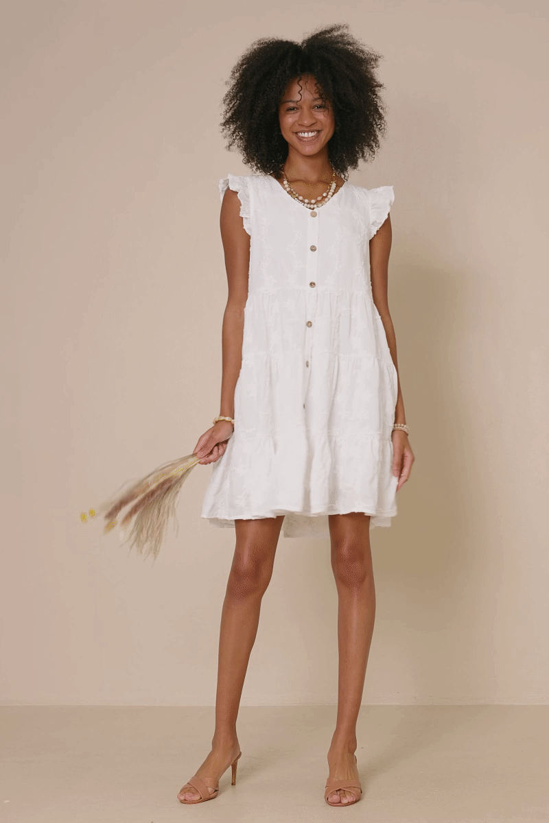 Womens Textured Floral Button Tiered Dress