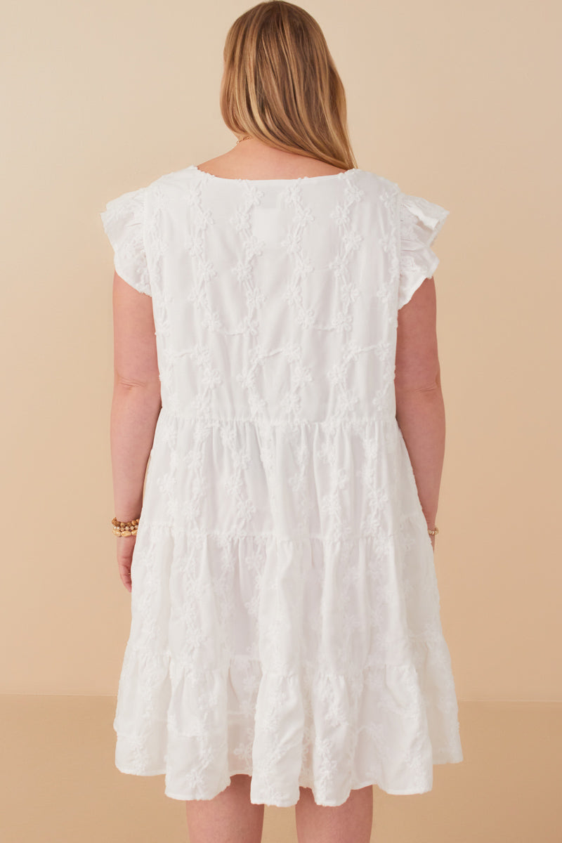 HY7990W Off White Plus Textured Floral Button Tiered Dress Back