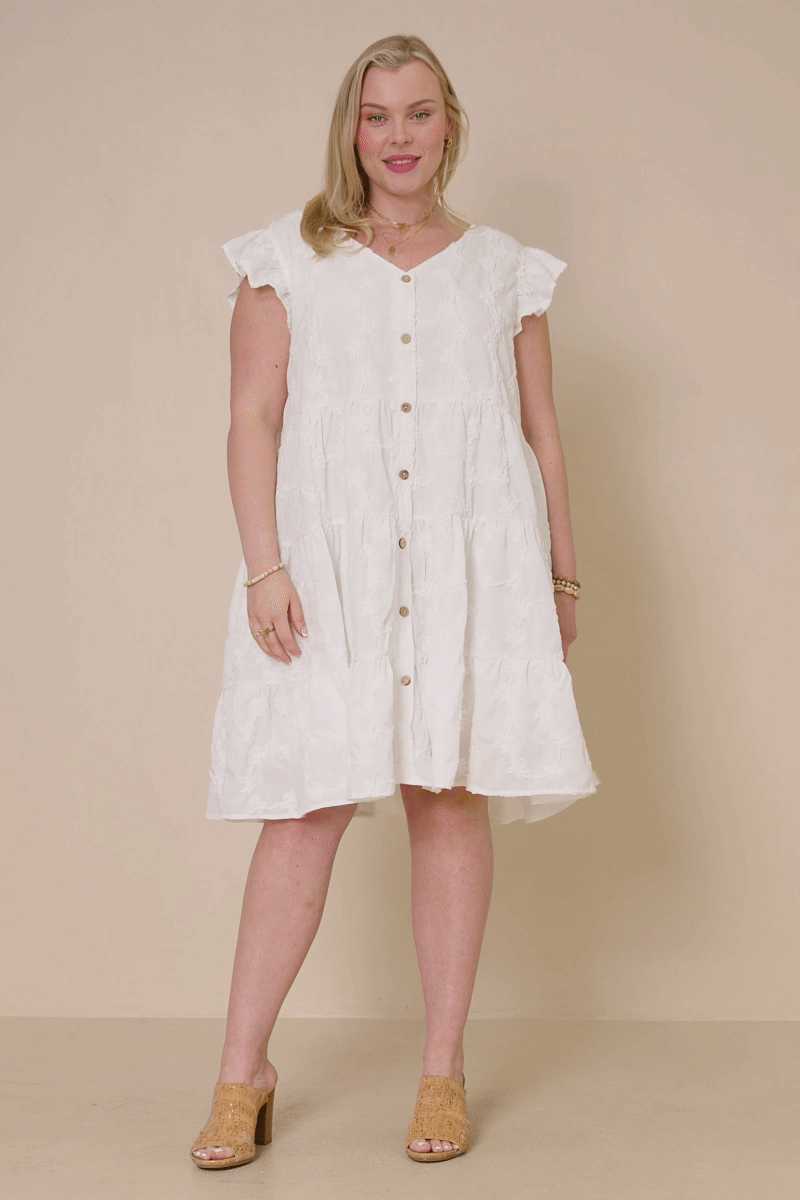 HY7990W Off White Plus Textured Floral Button Tiered Dress Gif
