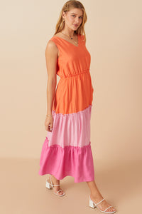 HY7992 Pink Womens Vivid Tiered Color Block Tank Dress Full Body
