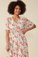 HY8006 Red Womens Bold Floral Smocked Waist V Neck Dress Gif