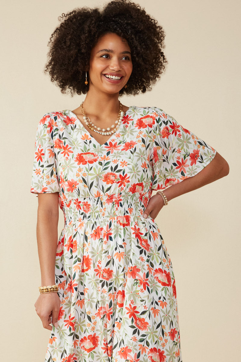 HY8006 Red Womens Bold Floral Smocked Waist V Neck Dress Gif