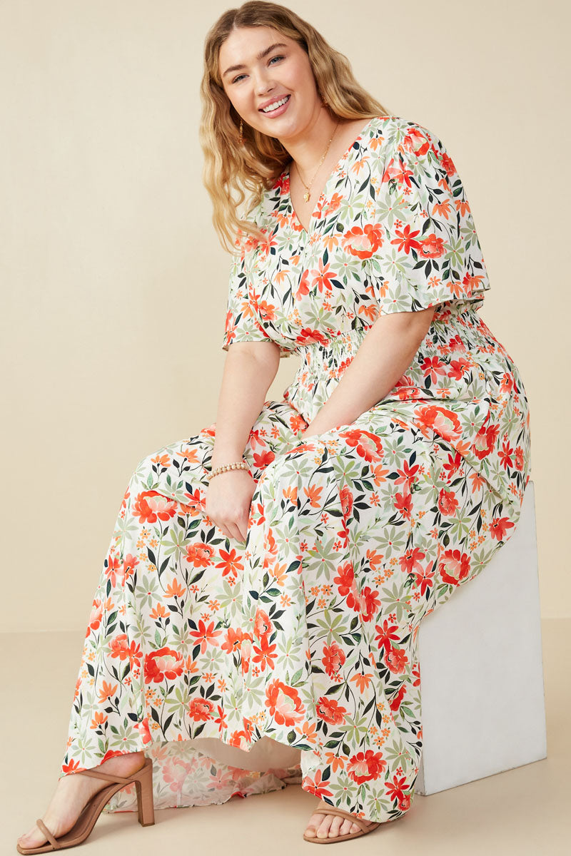 Bold Floral Smocked Waist V Neck Dress
