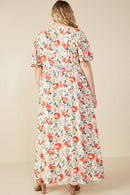 HY8006W Red Plus Bold Floral Smocked Waist V Neck Dress Front