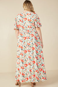 HY8006W Red Plus Bold Floral Smocked Waist V Neck Dress Front