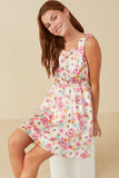 HY8018 Off White Womens Floral Print Fit And Flare Satin Dress Pose 2