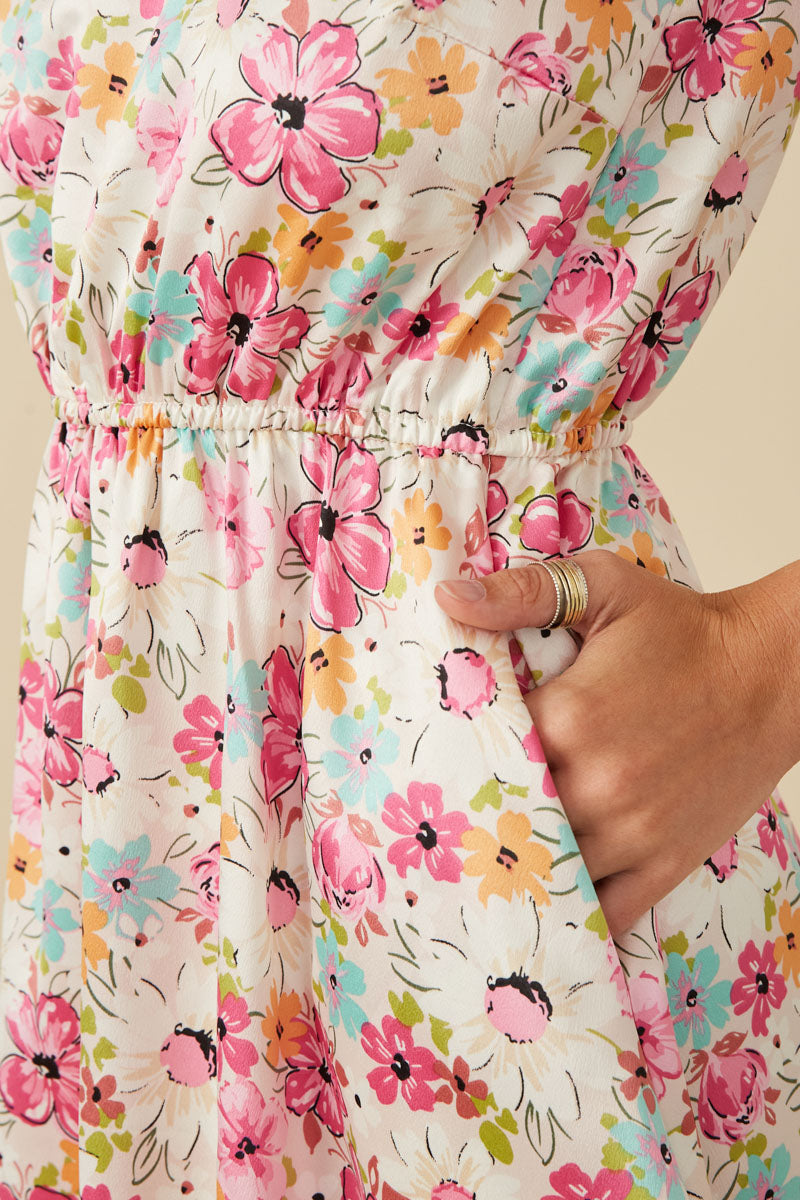 HY8018 Off White Womens Floral Print Fit And Flare Satin Dress Detail