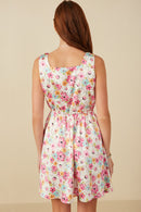 HY8018 Off White Womens Floral Print Fit And Flare Satin Dress Back