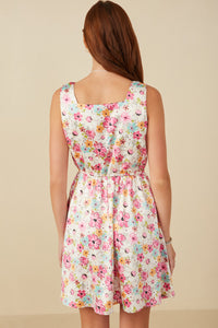 HY8018 Off White Womens Floral Print Fit And Flare Satin Dress Back