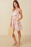 HY8018 Off White Womens Floral Print Fit And Flare Satin Dress Full Body