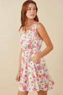 HY8018 Off White Womens Floral Print Fit And Flare Satin Dress Side